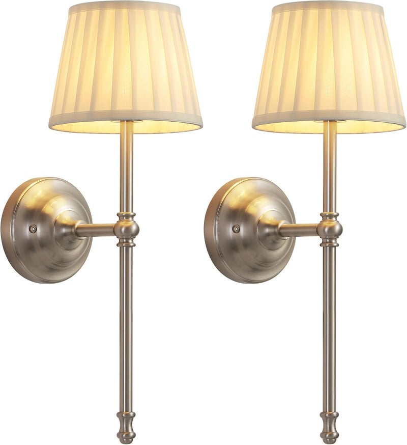 KDG Cordless Wall Sconces Set of 2, Small Wireless 5200mAh Rechargeable Battery Fabric LED Wall Lamps, Portables Lightings for Wall Painting, Living Room, Bedroom, Hallway, Gifts, Night Light (Nickel) - Image 1